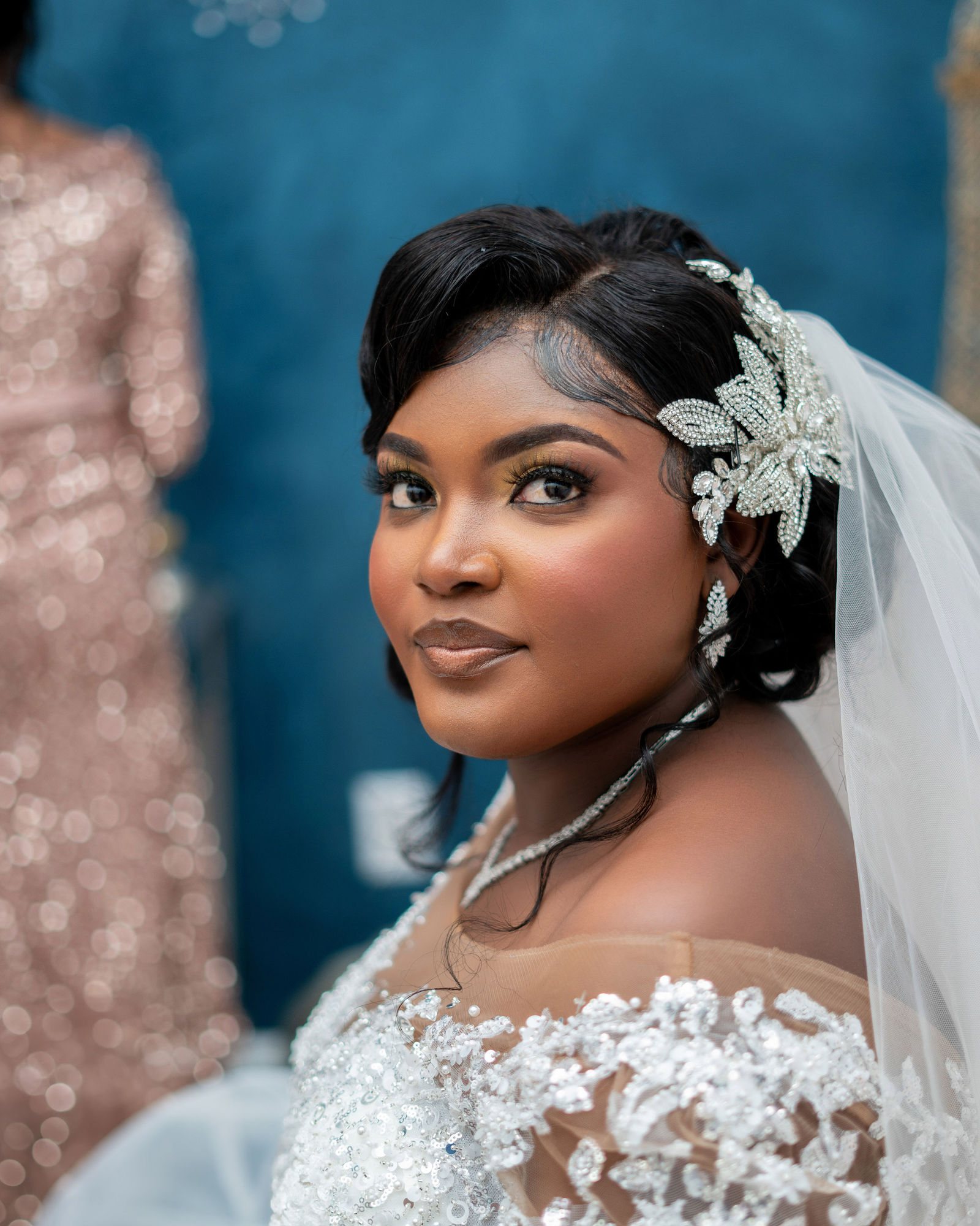 Close bridal portrait with a floral headpiece