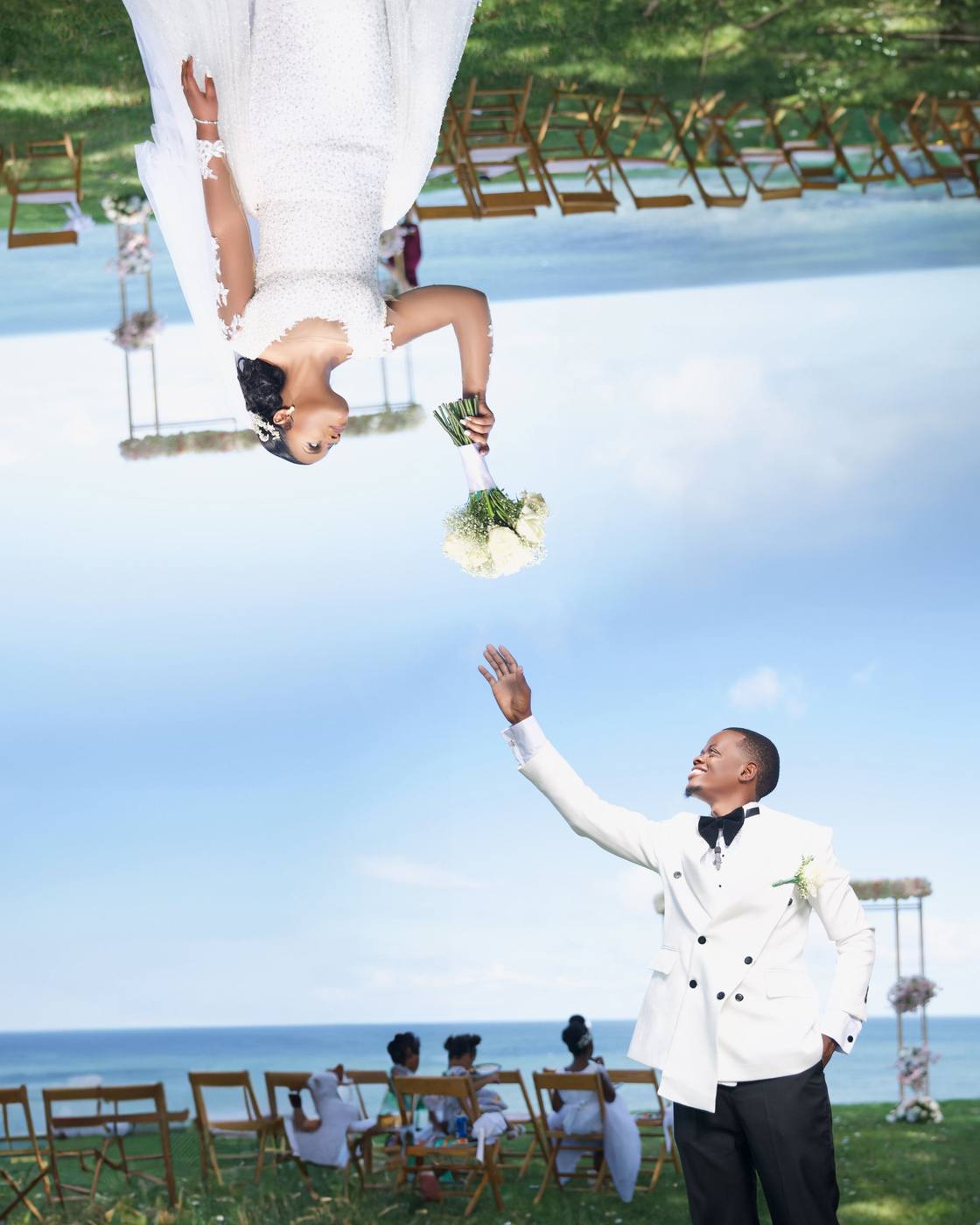 Creative composite of a bride upside down in the sky above her groom