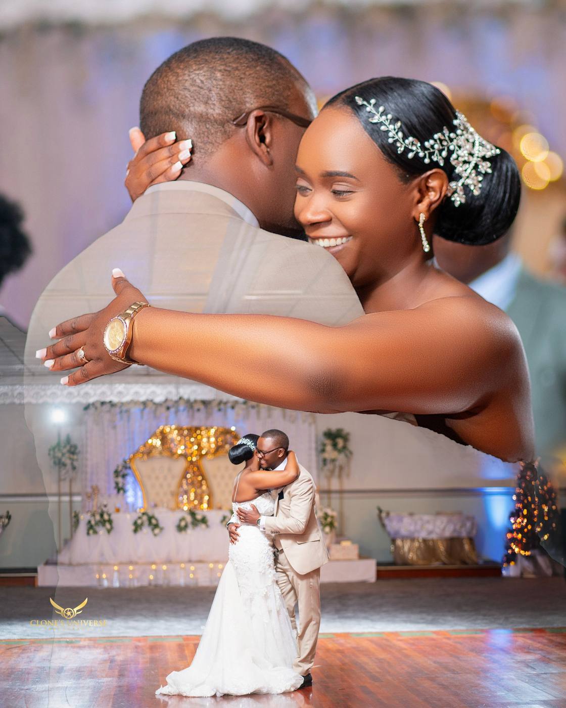 Layered portrait of a couple embracing, with their first dance below